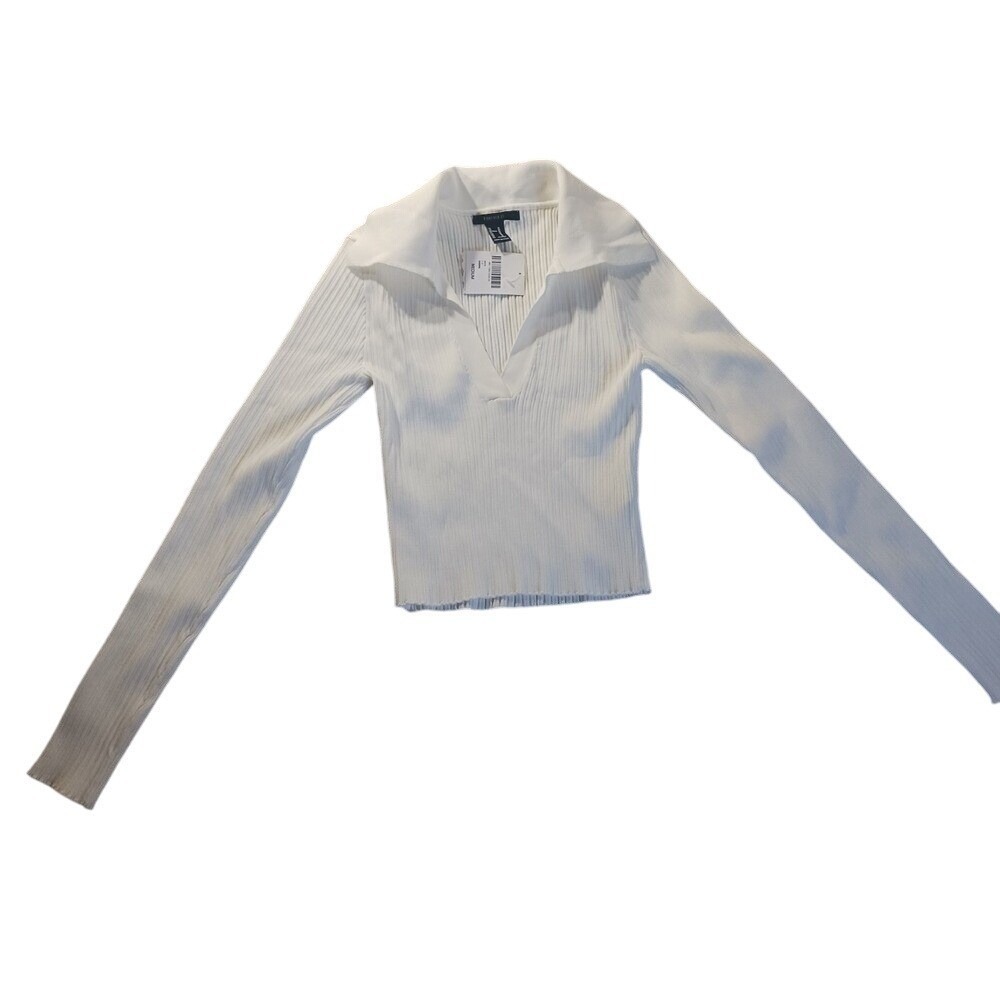 Forever‎ 21 Ribbed Collared V-Neck Long Sleeve Top Women's M Minimalist Y2K